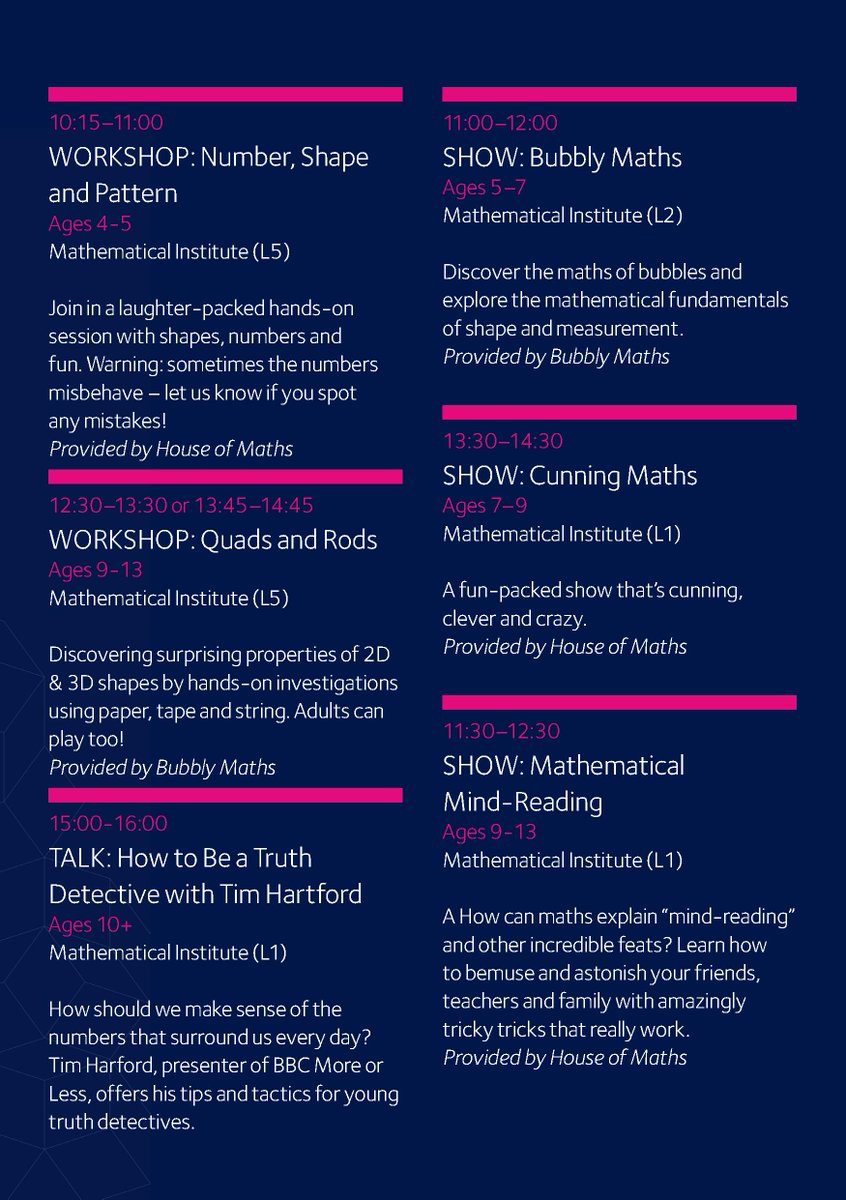 WE'RE RETURNING FOR 2023! You are now able to book for the Oxford Maths Festival, taking place 13-14 May. It's great for families with kids aged 5-13. Take a look at our programme for this year and get yourself booked. mathsfest.web.ox.ac.uk/whats-on #Maths #Family #OxMathsFest