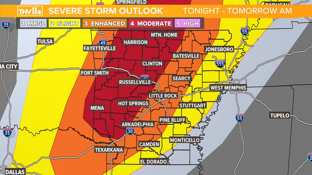 SkotWx's tweet photo. Another concerning severe weather setup. Late tonight into Wednesday morning. Supercells will be capable of producing long-track tornadoes, high wind and hail. It's mostly an overnight event, so please have multiple methods to receive warnings that can wake up up.  #arwx https://t.co/yocEJ4F8j9