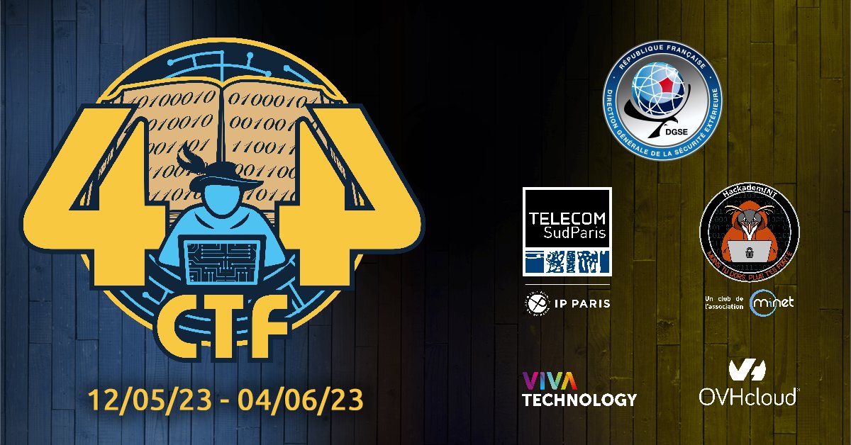 Le 404 CTF, organisé annuellement par la DGSE, <a href="/TelecomSudParis/">Télécom SudParis</a>  et <a href="/hackademint/">HackademINT</a>  revient du 12 Mai 2023 au 4 Juin 2023. 

En partenariat avec <a href="/OVHcloud_FR/">OVHcloud France</a>  et <a href="/VivaTech/">VivaTech</a>  ! Nous vous attendons nombreux sur nos plateformes.

404ctf.fr
discord.404ctf.fr