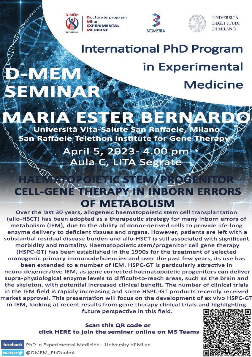 DMEM_PhDunimi's tweet photo. Tomorrow April 5th at 4PM 
Very happy to host @MariaEsterBernardo for our #seminar @DMEM_PhDunimi. Looking forward to hearing her terrific #clinicaltrial results on Advance Therapeutic Medicinal Products #ATMPs. What we like about #ExperimentalMedicine! 

#Science #Medicine https://t.co/QP0H0InrFs