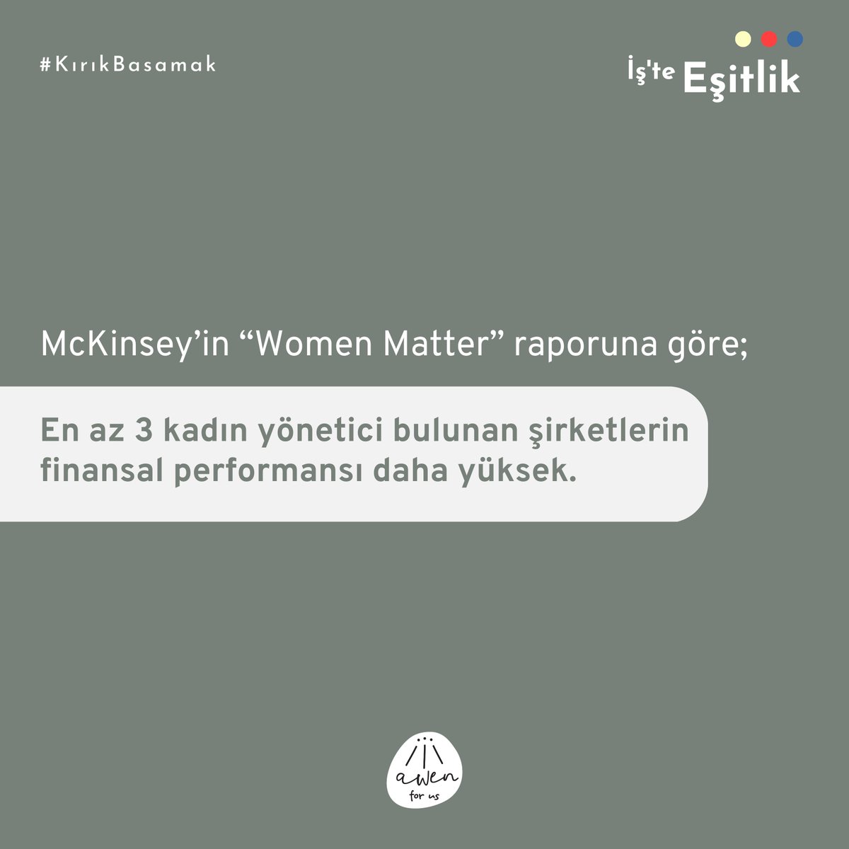 McKinsey raporu, en az 3 kadın yönetici bulunan şirketlerin finansal performansı daha yüksek olduğunu söylüyor. 

Faydalanılan Kaynak:WEPs Kadının Güçlenmesi Prensipleri Uygulama Rehberi
#İşteEşitlik #kadınyöneticiler #womenmatter #yönetimkurulundakadın