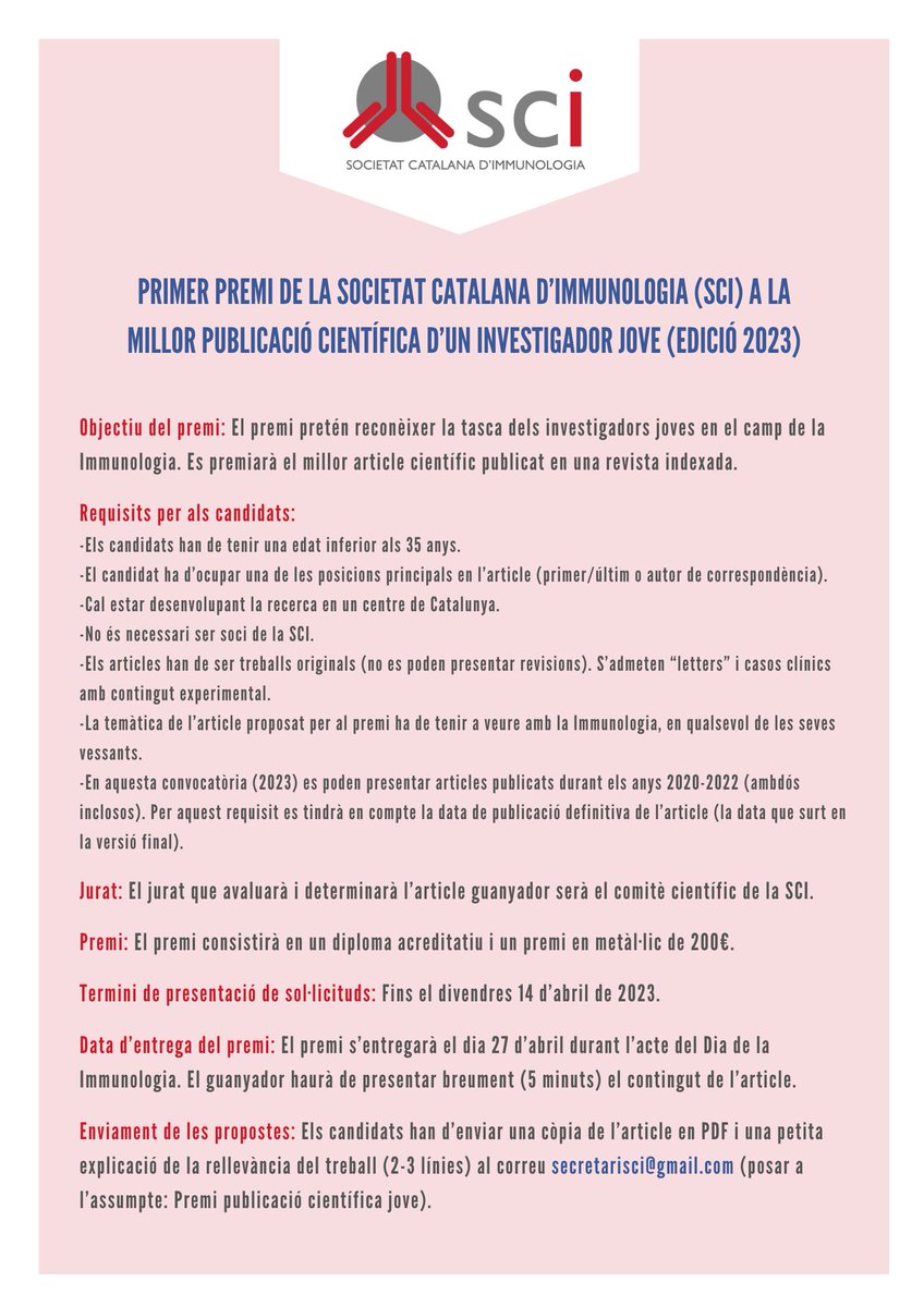 Societat Catalana d'Immunologia (@scimmunologia) on Twitter photo 🏆 1er Premi de la <a href="/SCImmunologia/">Societat Catalana d'Immunologia</a> a la millor publicació científica d’un investigador jove.
📰 Es premiarà el millor article científic publicat en una revista indexada.
📆 Termini de presentació de sol·licituds: Fins el divendres 14 d’abril de 2023.
Info completa ⬇️ 🏆 1er Premi de la <a href="/SCImmunologia/">Societat Catalana d'Immunologia</a> a la millor publicació científica d’un investigador jove.
📰 Es premiarà el millor article científic publicat en una revista indexada.
📆 Termini de presentació de sol·licituds: Fins el divendres 14 d’abril de 2023.
Info completa ⬇️