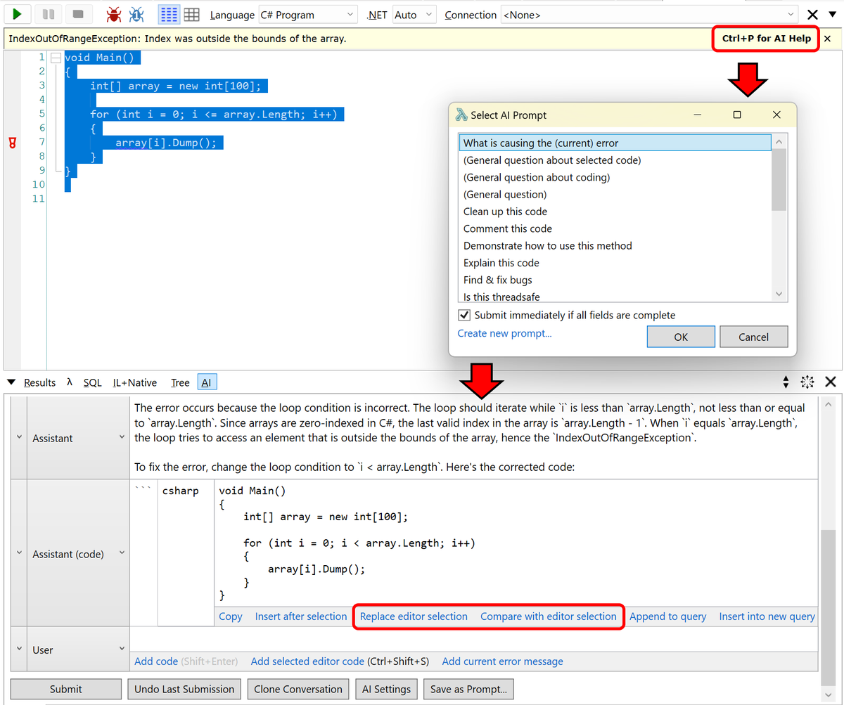 LINQPad AI Assistant preview has arrived! Find and fix bugs, explain/comment, refactor/improve, translate to/from other languages, write unit tests and regular expressions. Fully customizable prompts - you can even edit the system prompts. linqpad.net/linqpad7.aspx#…