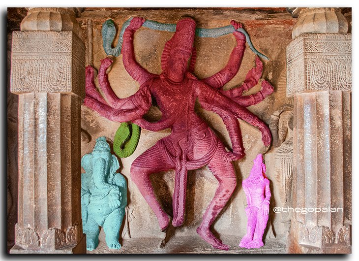 Beautiful ten armed Shiva dancing!
Both Ganesha and Shanmuga are watching him in awe!! 
(Parvathi is hidden behind the pillar!)
This panel is in Ravanaphadi cave, Aihole, KA