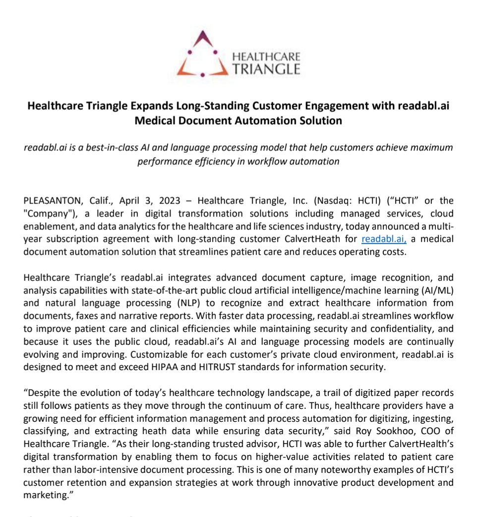 MarketVedantA's tweet image. #SecureKloudTechnologies Subsidiary #HealthcareTriangle Inc has announces multi-year subscription #agreement with long-standing customer CalvertHeath for readabl.ai, a medical document #automation solution that streamlines patient care and reduces operating costs.