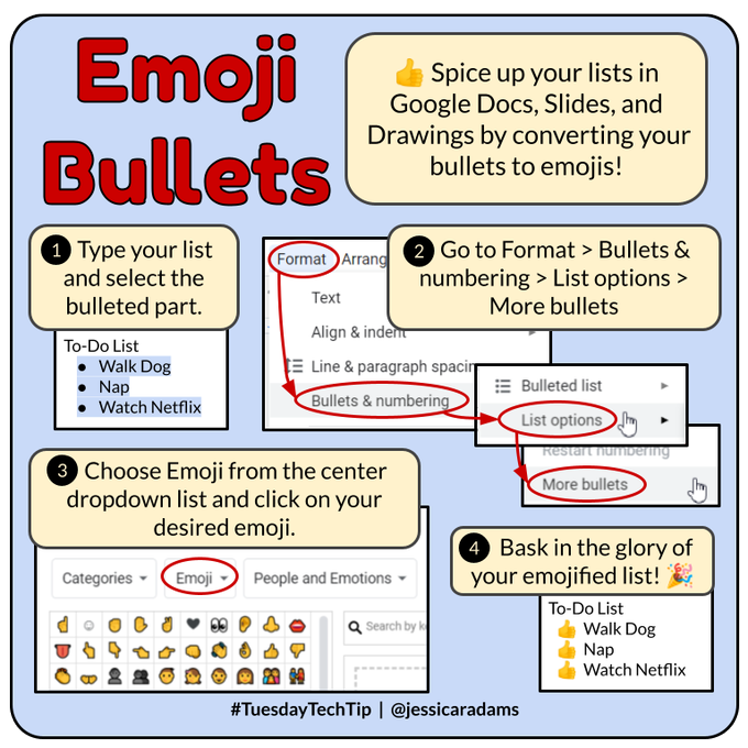 👍 It's time for a #TuesdayTechTip! Spice up your bulleted lists in @googledocs 
 #GoogleSlides #GoogleDrawings by changing your bullets to emojis. 
@GoogleForEdu #GoogleET @jessicaradams  #mavlibrary #techtip #techtiptuesday