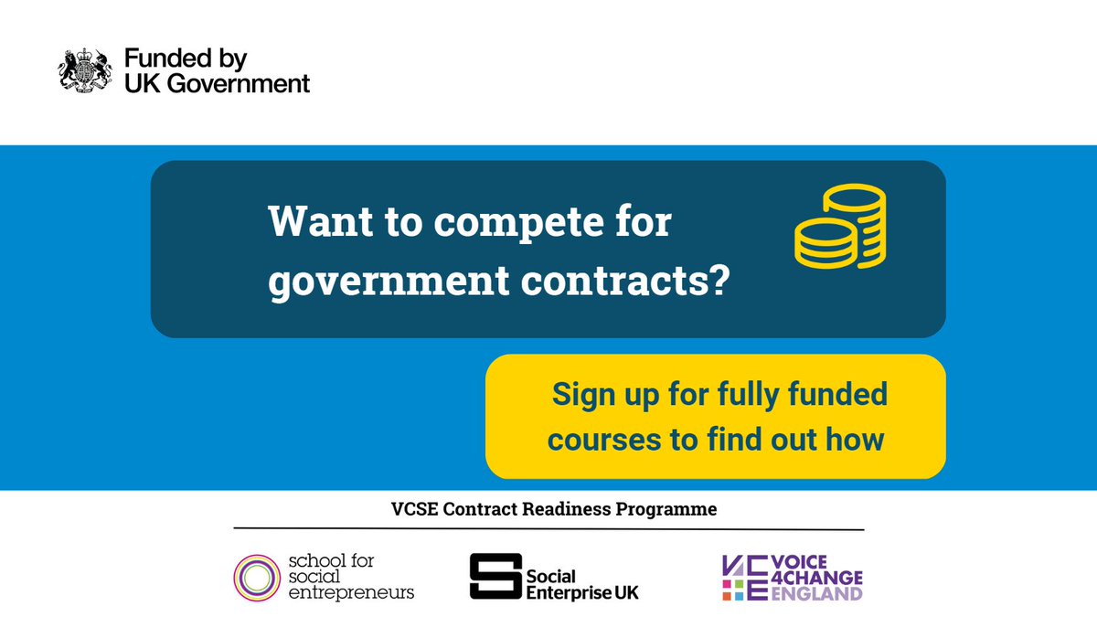 SchSocEnt's tweet photo. 📢Announcing the new @DCMS funded VCSE Contract Readiness Programme, a partnership with @SEUK and @V4CE, launching across England today!
Click to access fully funded learning opportunities and resources for #charities and #socialenterprises ➡ https://t.co/lXEVPwM3ux
@LeaLegraien https://t.co/CSWDA6mLEG