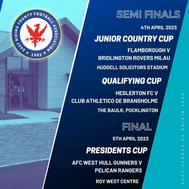 EastRidingFA's tweet photo. 🔜 Its another important week of County Cup football with Semi Finals in the Junior Country Cup and Qualifying Cup.

@AFCWESTHUL &amp; @PeliRangersEHC also take to the field this week as the Roy West Centre hosts the final of the Presidents Cup.

#ERCFACups | 🏆