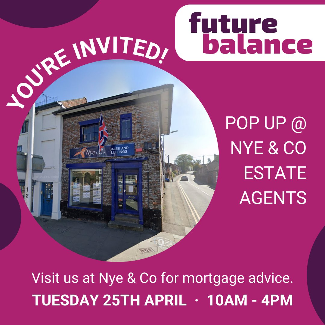 We're back again at Nye &amp; Co Estate agents in Hungerford on the 25th of April from 10am-4pm to help with any advice you might need around #mortgages in the current market.

Nye &amp; Co
114 High Street
Hungerford
RG17 0LU

👉 futurebalance.co.uk