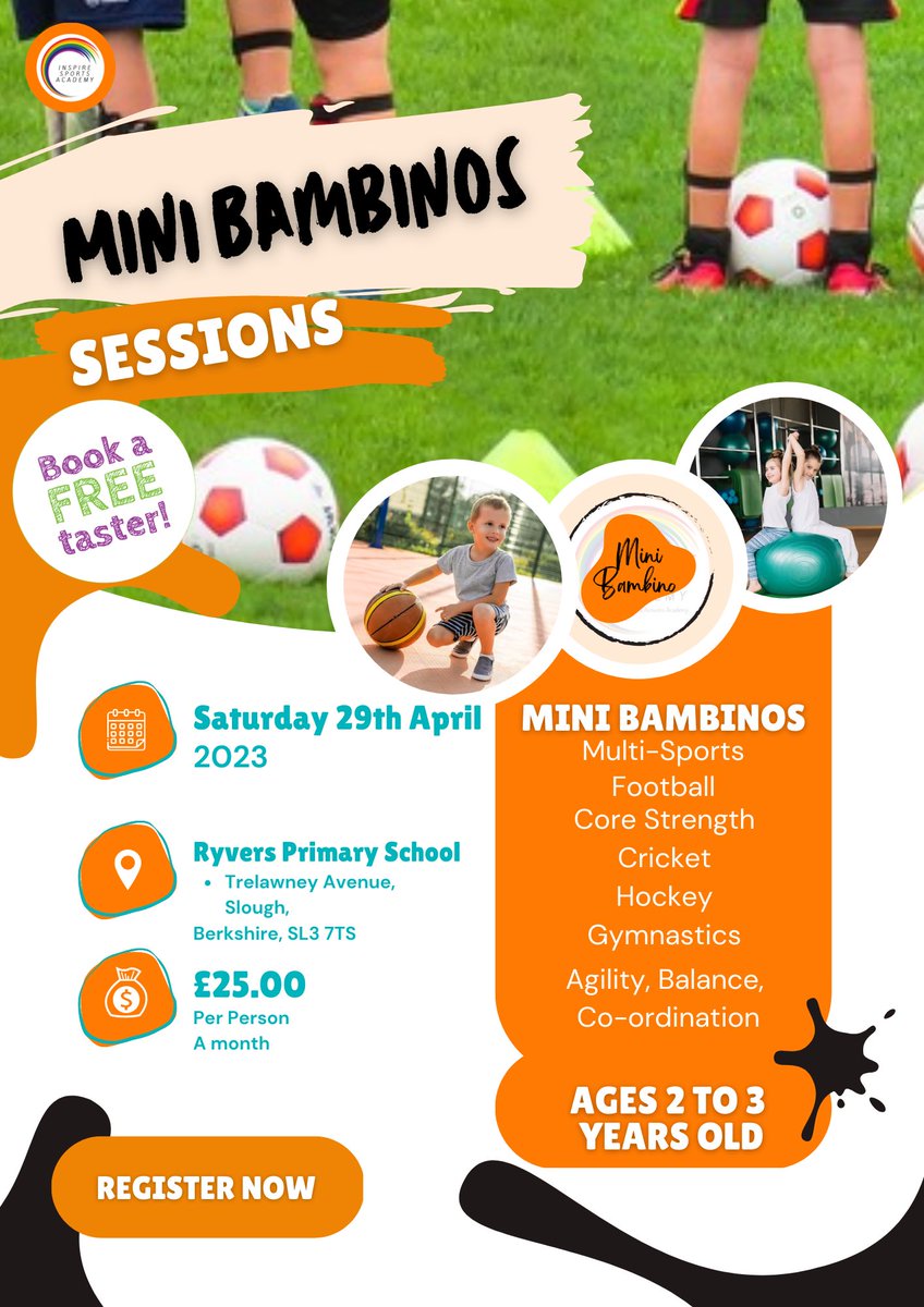 InspireSportsA2's tweet photo. 𝗦𝗣𝗢𝗥𝗧𝗦 𝗧𝗢𝗧𝗦

Launching our brand new 𝗦𝗣𝗢𝗥𝗧𝗦 𝗧𝗢𝗧𝗦 offering a FREE taster session. Then weekly Saturday morning sessions. 

🗓️ Saturday 29th April
📍 Ryvers Primary School 

🟣Little Bambino’s
🟠Mini Bambino’s
🔵Sporty Bambino

@RyversSchool https://t.co/m9wJ5BjdNz