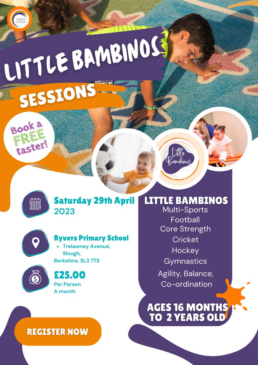 InspireSportsA2's tweet photo. 𝗦𝗣𝗢𝗥𝗧𝗦 𝗧𝗢𝗧𝗦

Launching our brand new 𝗦𝗣𝗢𝗥𝗧𝗦 𝗧𝗢𝗧𝗦 offering a FREE taster session. Then weekly Saturday morning sessions. 

🗓️ Saturday 29th April
📍 Ryvers Primary School 

🟣Little Bambino’s
🟠Mini Bambino’s
🔵Sporty Bambino

@RyversSchool https://t.co/m9wJ5BjdNz