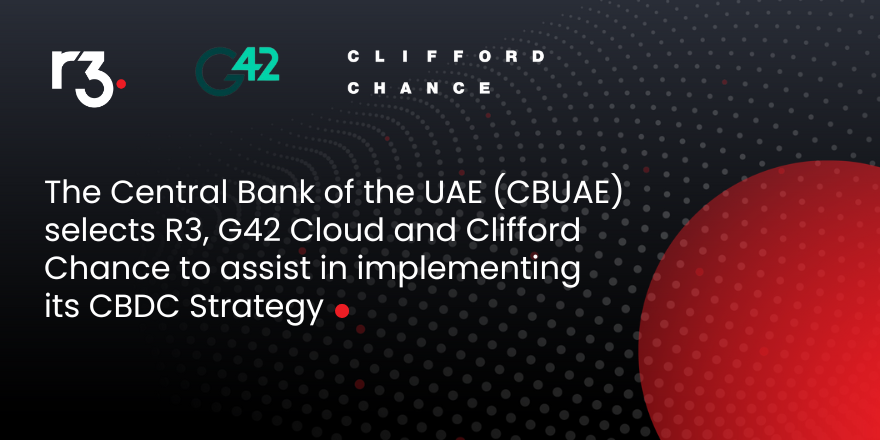 inside_r3's tweet photo. R3 is pleased to announce the Central Bank of the UAE (CBUAE) has selected R3, @G42ai + @Clifford_Chance to assist in implementing its #CBDC strategy.

Learn more in the press release: https://t.co/0vEXKjHEGV https://t.co/eTkQkJweQS