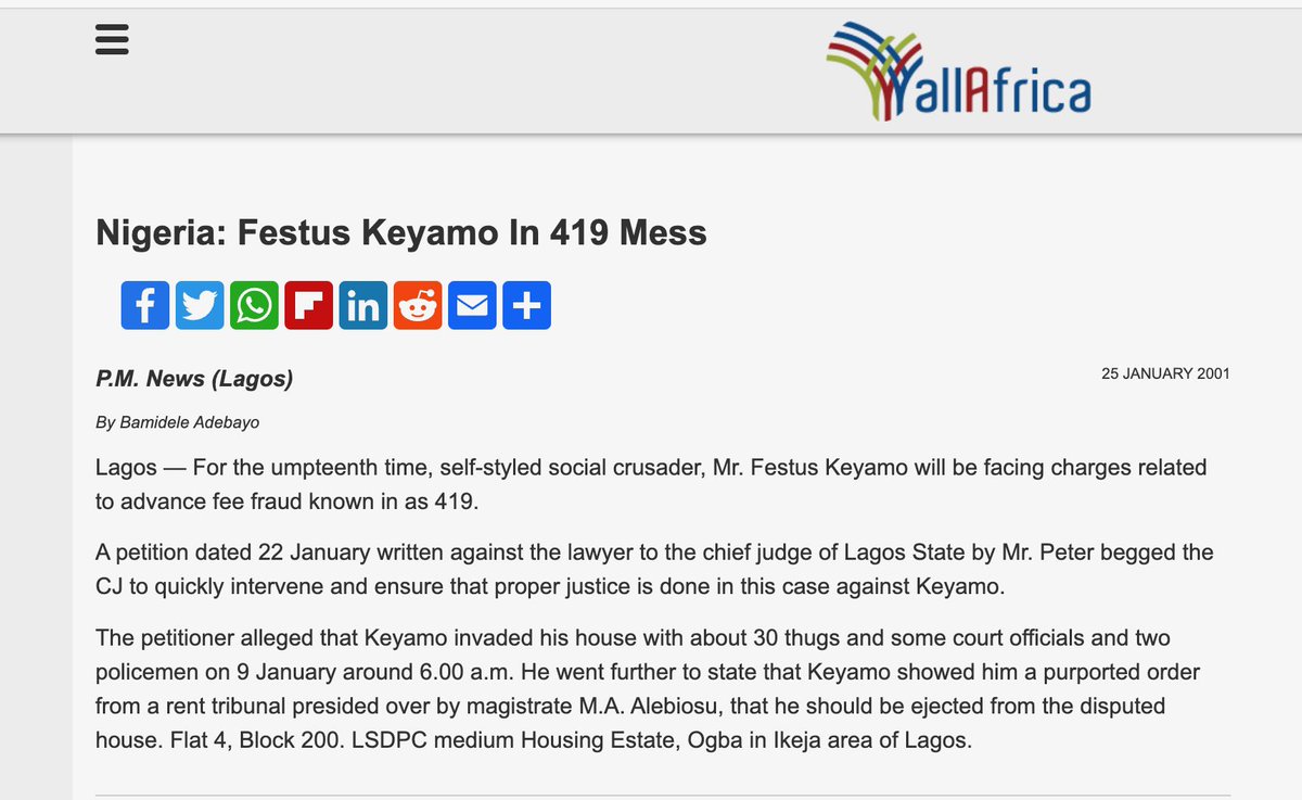 General_Oluchi's tweet photo. FESTUS KEYAMO IN 419 SCANDAL - ACCUSED OF STEALING CLIENT’S HOUSE

A petition dated 22 January, 2001, written against the lawyer to the chief judge of Lagos State by Mr. Peter begged the CJ to quickly intervene and ensure that proper justice is done in this case against Keyamo.

It was discovered that Keyamo filed a suit with No RT/K/3003/200, but instead of serving the petitioner with the court processes, the controversial lawyer arranged with a hoodlum (area boy) to impersonate a property owner named Mr. Folorunso a business man.

Keyamo was said to have made one Mr. Ajao, a bailiff in the tribunal, to swear to an affidavit that the pasted noticed of summons on the wall of Mr. Folorunso's house. 

Folorunso said that he became the owner of the disputed building by virtue of a business transaction with a company, Baden-Mowet (Nig) Limited. Keyamo, Folorunso narrated further, had knowledge of the transaction between him and the company, and capitalised on it to carry out the nefarious action.

The businessman alleged further that the lawyer had already filed fake documents with LSDPC in order to claim the house. Having perfected the forgery, Keyamo was alleged to now claim that he is the benefited owned of the house. 

Read more on the screenshots.