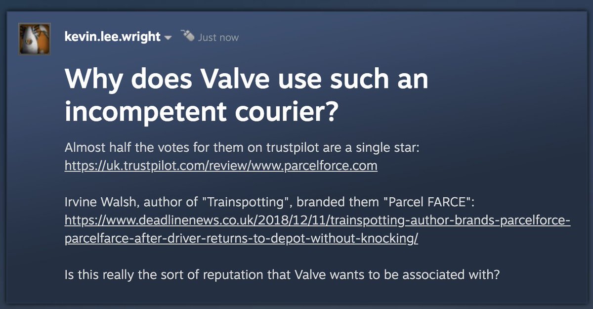 thecoda's tweet photo. @parcelforce / @ParcelFarce / @valvesoftware 

Four days after emailing your managing director and customer services director with no reply I'm instead warning the retailer in the hope that they'll consider another courier for the sake of their reputation and future customers https://t.co/ULPqs14EGz