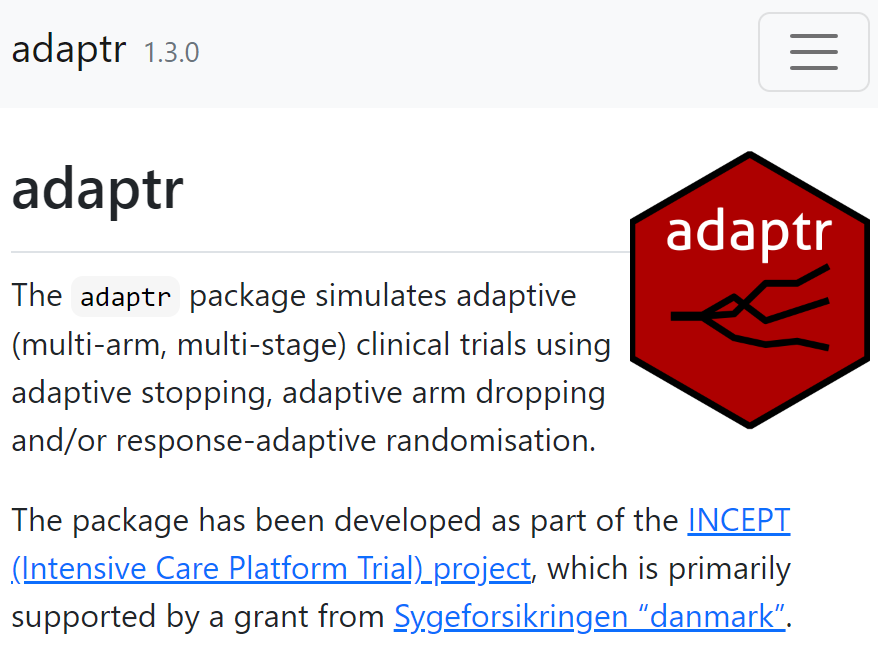 New version of our 'adaptr' R package on CRAN including important new functionality (trial calibration) and other improvements - see inceptdk.github.io/adaptr/ and thread below if you're interested in simulation of complex adaptive trial designs. 1/..