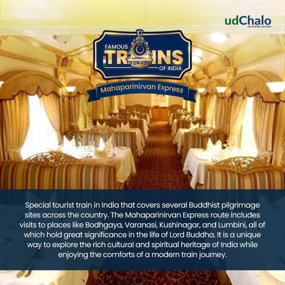 udChalo's tweet photo. Take this journey to find your inner peace! From the bustling streets of Delhi to the tranquil Bodh Gaya and beyond, our modern and luxurious train service will take you on a spiritual journey like no other. Book Now!
#udChalo #udChaloTrains #ServiceForServices #trainjourney #faujifamily #travel #delhi #Bodhgaya #IndianArmedForces #MahaparinirvanExpress