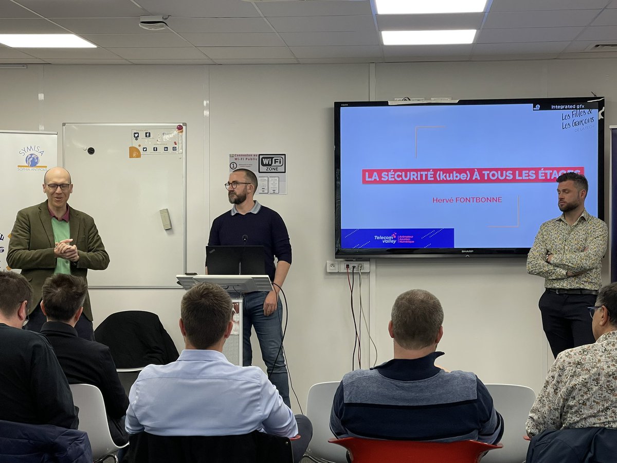 TelecomValley's tweet photo. Quand l’#OpenSource et la #Cybersécurité se rencontrent chez Telecom Valley ! 
Merci au @FGTECHTEAM qui interviennent sur : « La sécurité (kube) à tous les étages » https://t.co/IuXQASn23y
