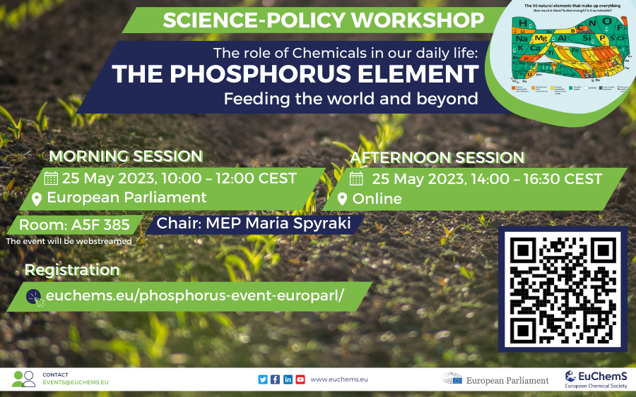 📢 In our next event in the #PeriodicTable #SciencePolicy #workshop series, we will examine the element of #Phosphorus!

📍 European Parliament, Brussels – The event will be webstreamed

🗓️  25 May 2023

Learn more ⤵️
euchems.eu/phosphorus-wor…

Register ⤵️
euchems.eu/phosphorus-eve…