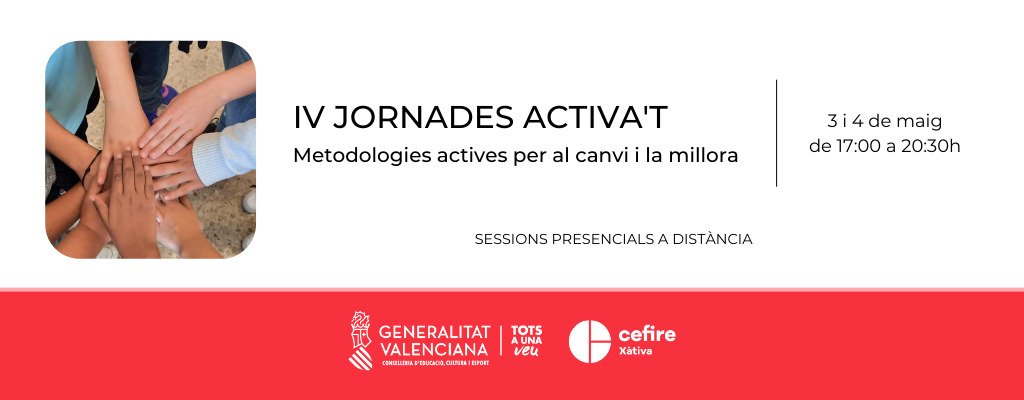 GVA_Cefire's tweet photo. ☝️🔊En inscripció les IV Jornades Activa't: metodologies actives per al canvi i la millora.

📆 3 i 4 de maig
⏳  8 hores
💻A distància

➕ℹ️ i✍️👇
🔗https://t.co/pLLxdlnsI0

#CefireXàtiva https://t.co/WOmbJIgMq7