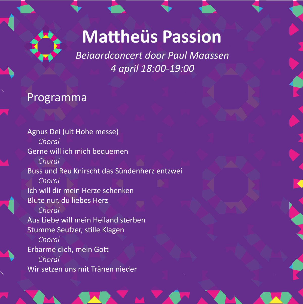 Vanavond is het zo ver..

De bewerkingen van aria's en koralen uit de Mattheüs Passion van J.S Bach klinken vanavond vanaf de Grote toren in Breda. Benieuwd naar wat je precies te horen krijgt? Bekijk het programma!