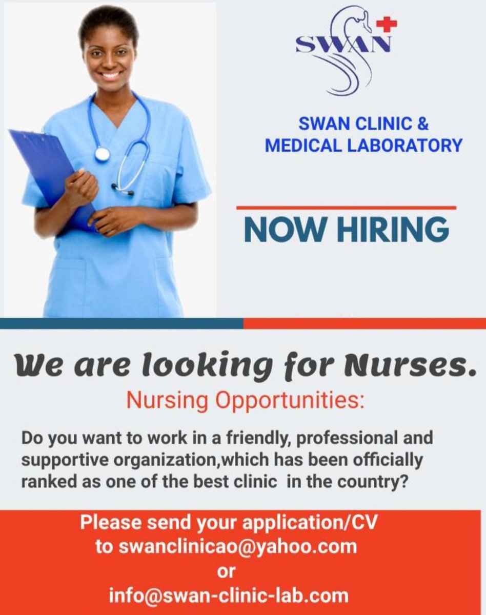 SwanMedLab's tweet photo. 🚨JOB ALERT🚨 Swan Clinic and Medical Laboratory is hiring nurses! If you're passionate about helping others and have a nursing degree, we want you! Join our team of dedicated healthcare professionals and be part of a rewarding career. Apply now! #nursejobs #healthcarejobs #Swan https://t.co/jpAMDfHsKO