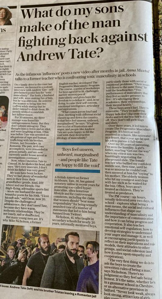 ProgressiveMasc's tweet photo. Really great article on our pupil workshop program in the @dailytelegraph today 👀📰

The 6 hour program is far more holistic than just Andrew Tate but I understand the media focus given his recent release
#edutwitter @Headteacherchat https://t.co/GsxVS5zfR7