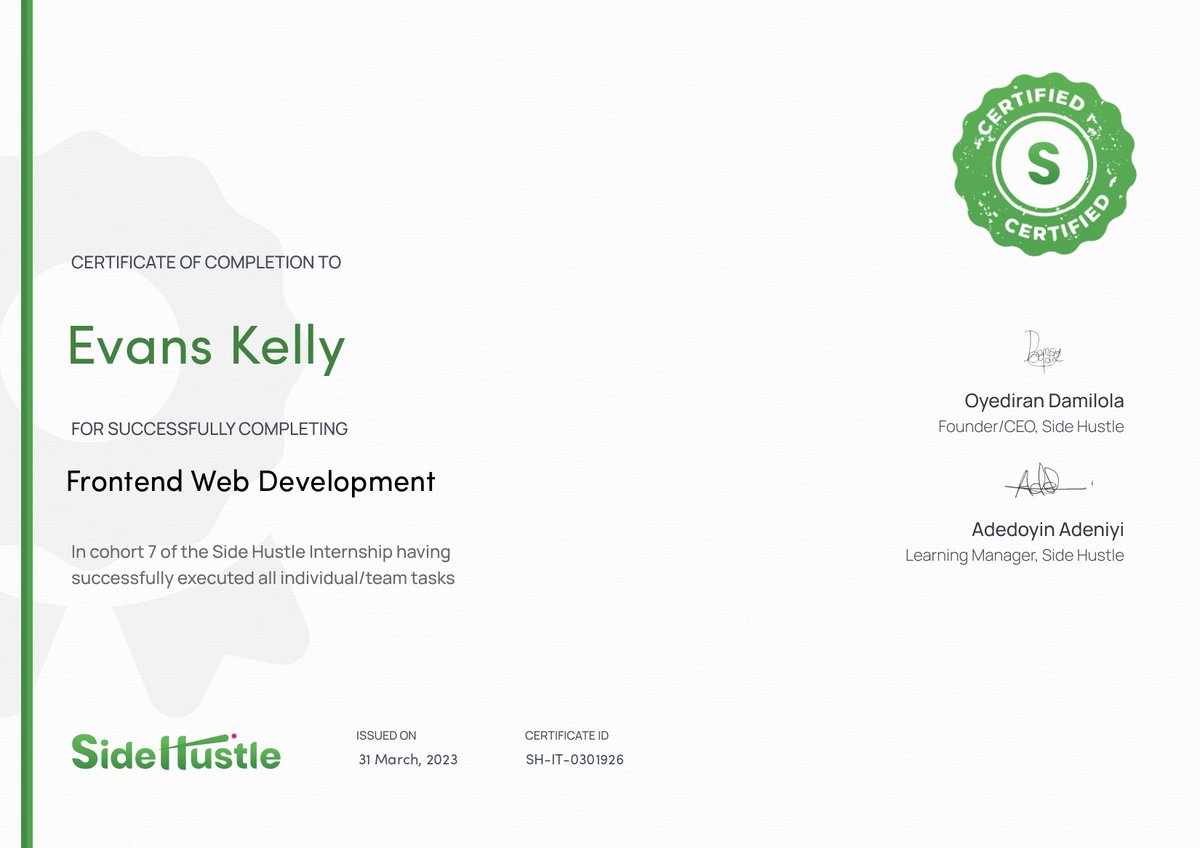 Your_Techie's tweet photo. Excited to announce that I've completed the Frontend Web Development with @NgSidehustle! I have gained valuable skills and knowledge that I can apply to future projects. Thank you to the instructor for guiding me along the way. #WebDevelopment #sidehustleinternship https://t.co/ieHxK0z0sB
