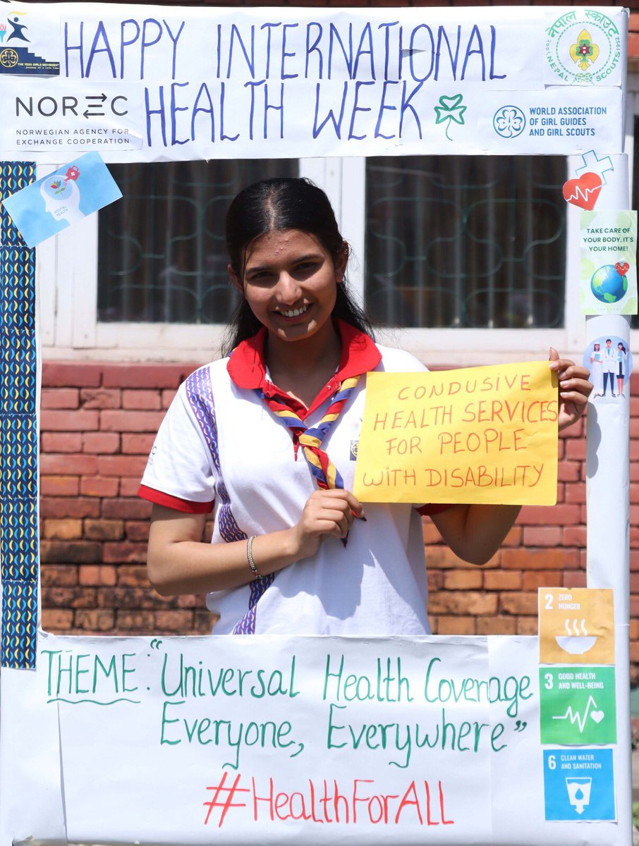 Universal health coverage ensures accessible, affordability, and quality healthcare for all, in line with SDGs 2, 3, and 6. Let's prioritize everyone's health everywhere! #yessgirlsmovement2023 #yessgirlsmovement #wagggs #norec #HealthForAll #NepalScouts