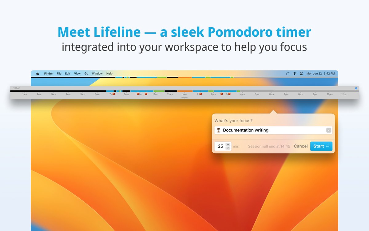 getsaent's tweet photo. Need more focus and calming breaks during your workday? Try our #Pomodoro timer app, Lifeline! 🍅 

New version with upgraded UX out now—visual progress bar, smart break timer, easy time-tracking, and meeting support. 🤩 Get it on the macOS App Store: https://t.co/cDGTWHliZS https://t.co/LkjX8ImtiK