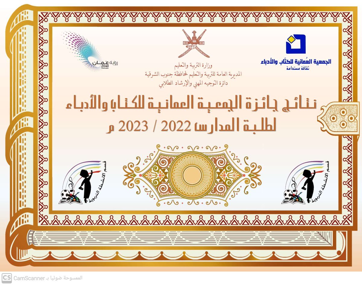 أعلنت المديرية العامة للتربية والتعليم متمثلة بدائرة التوجيه المهني والإرشاد الطلابي نتائج جائزة الجمعية العمانية للكتاب والأدباء لطلبة المدارس على مستوى محافظة جنوب الشرقية للعام الدراسي 2022 – 2023 م