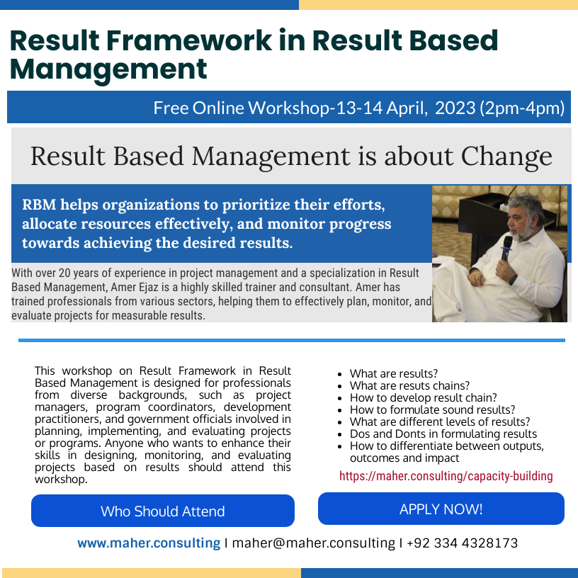 ConsultingMaher's tweet photo. We are excited to announce that our upcoming workshop on Result Framework in Result Based Management is FREE of cost. To register for the workshop, please follow the link. 
https://t.co/bG0gOOXa4y https://t.co/ehODEqd4RH