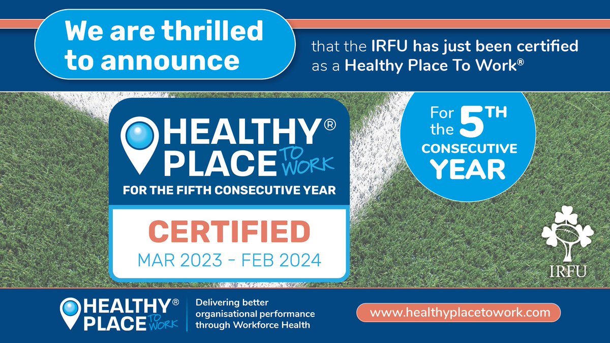 IrishRugby's tweet photo. We're very pleased to announce that the IRFU has been certified as a Healthy Place To Work by @HPTW_Global for the 5th year running.

#irishrugby #healthyplacetowork 

More: https://t.co/G4ijwi4mVD https://t.co/6MdYtvjG2n