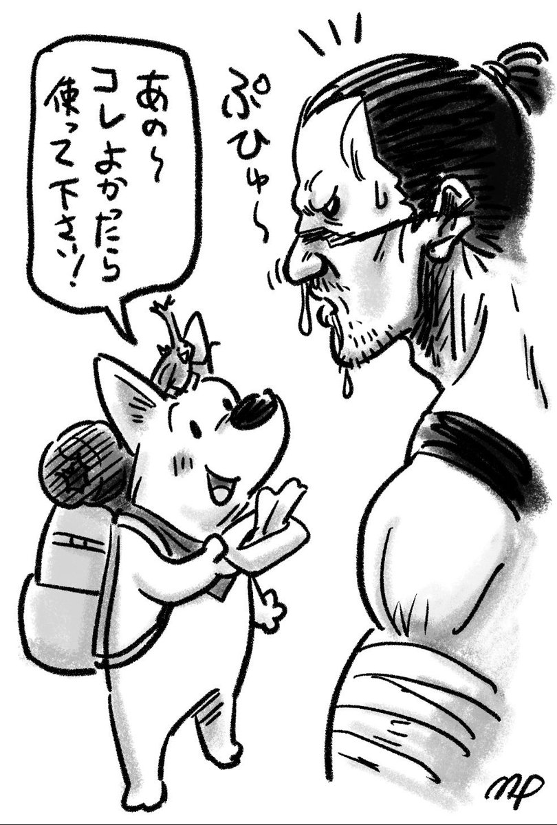以前にコラボイラストを描き合った、Pさん@Masked_P717がとても素敵なコラボイラストを描いてくださいました🥰 しかも‼️9話で初披露のアヘンの権左が、Pさんの作品の代名詞とも言える、コーギー旅に出るのクゥちゃんと、カブ君とコラボ🤣 Pさん、本当に素敵なイラストありがとうございました😂🙏