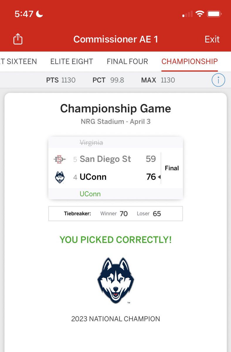 😭😭🙋🏽‍♀️ I did it! Me! Commissioner AE is in the 2% club that picked UCONN! 😎👸🏾🤓
Thanks for the madness <a href="/MarchMadnessMBB/">NCAA March Madness</a> 🥰❤️

Best time of the year! 

Sincerely, 
Champion Commissioner AE 👸🏾🏆🤩