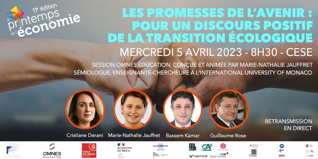 Le Printemps de l'économie (@printempsdeleco) on Twitter photo LES PROMESSES DE L’AVENIR : POUR UN DISCOURS POSITIF DE LA TRANSITION ÉCOLOGIQUE
Session <a href="/omneseducation_/">OMNES Education</a> conçue et animée par Marie-Nathalie Jauffret <a href="/ium_monaco/">University of Monaco</a>
à 8h30 au <a href="/lecese/">CESE</a>
<a href="/CDerani/">Cristiane Derani</a> <a href="/Cambridge_Uni/">Cambridge University</a> M-N Jauffret <a href="/Dr_BassemKamar/">Bassem Kamar</a>
<a href="/GuillaumeROSE3/">Guillaume ROSE</a> LES PROMESSES DE L’AVENIR : POUR UN DISCOURS POSITIF DE LA TRANSITION ÉCOLOGIQUE
Session <a href="/omneseducation_/">OMNES Education</a> conçue et animée par Marie-Nathalie Jauffret <a href="/ium_monaco/">University of Monaco</a>
à 8h30 au <a href="/lecese/">CESE</a>
<a href="/CDerani/">Cristiane Derani</a> <a href="/Cambridge_Uni/">Cambridge University</a> M-N Jauffret <a href="/Dr_BassemKamar/">Bassem Kamar</a>
<a href="/GuillaumeROSE3/">Guillaume ROSE</a>