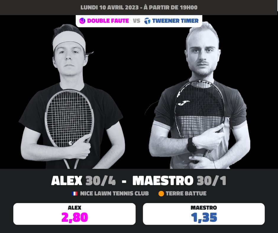 🎾 Streamers Cup
🟣 <a href="/FauteDouble/">Double Faute</a> 🆚 🔵 <a href="/Tweener_Time/">Tweener Time</a> 

🇫🇷 Nice Lawn Tennis Club
📅 10/04 🕖 19h00 - Match de n°3
🇫🇷 <a href="/AlexHonda17/">Alex'</a> - 🇫🇷 @maestro_tips 

📺 Twitch.tv/TweenerTime

➡️ Mets en commentaire ton vainqueur et tente de remporter la 🎁 raquette Head de 🇮🇹 Jannik Sinner.