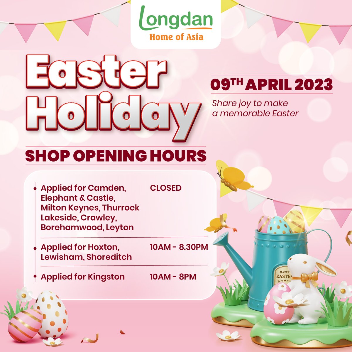 Easter Joy: Celebrating New Beginnings
🥳 Longdan informs you of changes to the store's operating schedule for Easter Sunday and wishes everyone a lovely holiday season! 😍
____________
👉longdan.co.uk
👉Location: longdan.co.uk/pages/locations