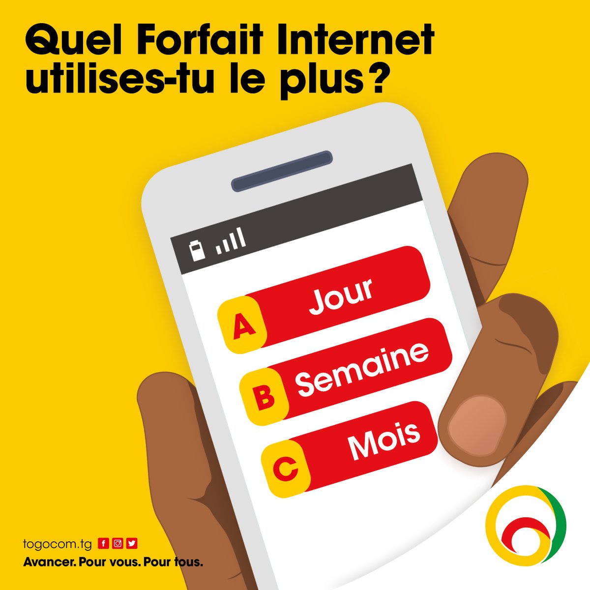 YasTogo's tweet photo. Quel forfait internet utilises-tu le plus ?😏
➡️Jour ?
➡️Semaine ?
➡️Mois ?

On se met bien avec les forfaits Net Togocom !😊😎

#Togocom #ForfaitData https://t.co/2suDjJX6FX