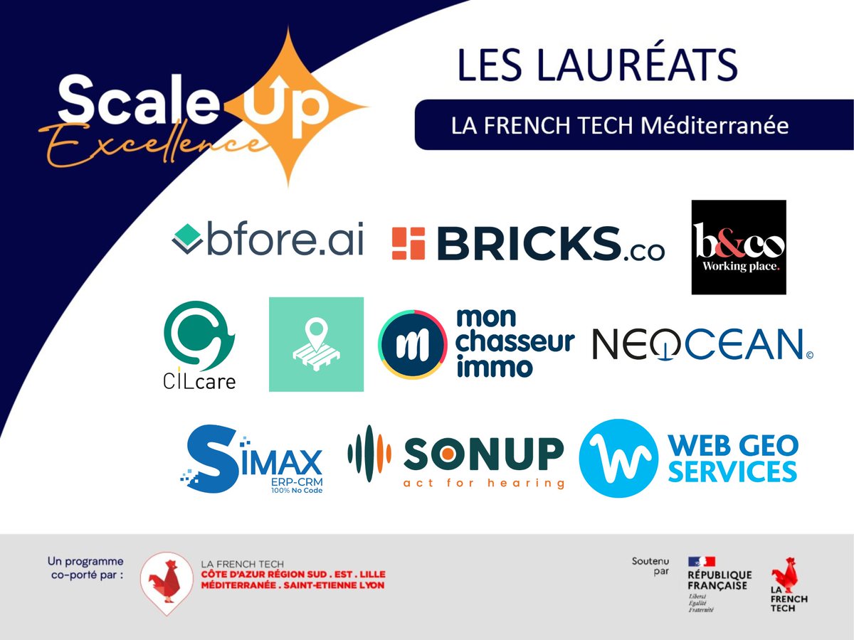 <a href="/FrenchTechMed/">La French Tech Méditerranée</a> vous présente ses 10 lauréats du programme Scale-Up Excellence. Convaincues que ces scale-ups ont le potentiel de concurrencer les plus grands leaders européens nous sommes fiers de mettre en avant nos pépites locales et de soutenir leur #croissance.👏