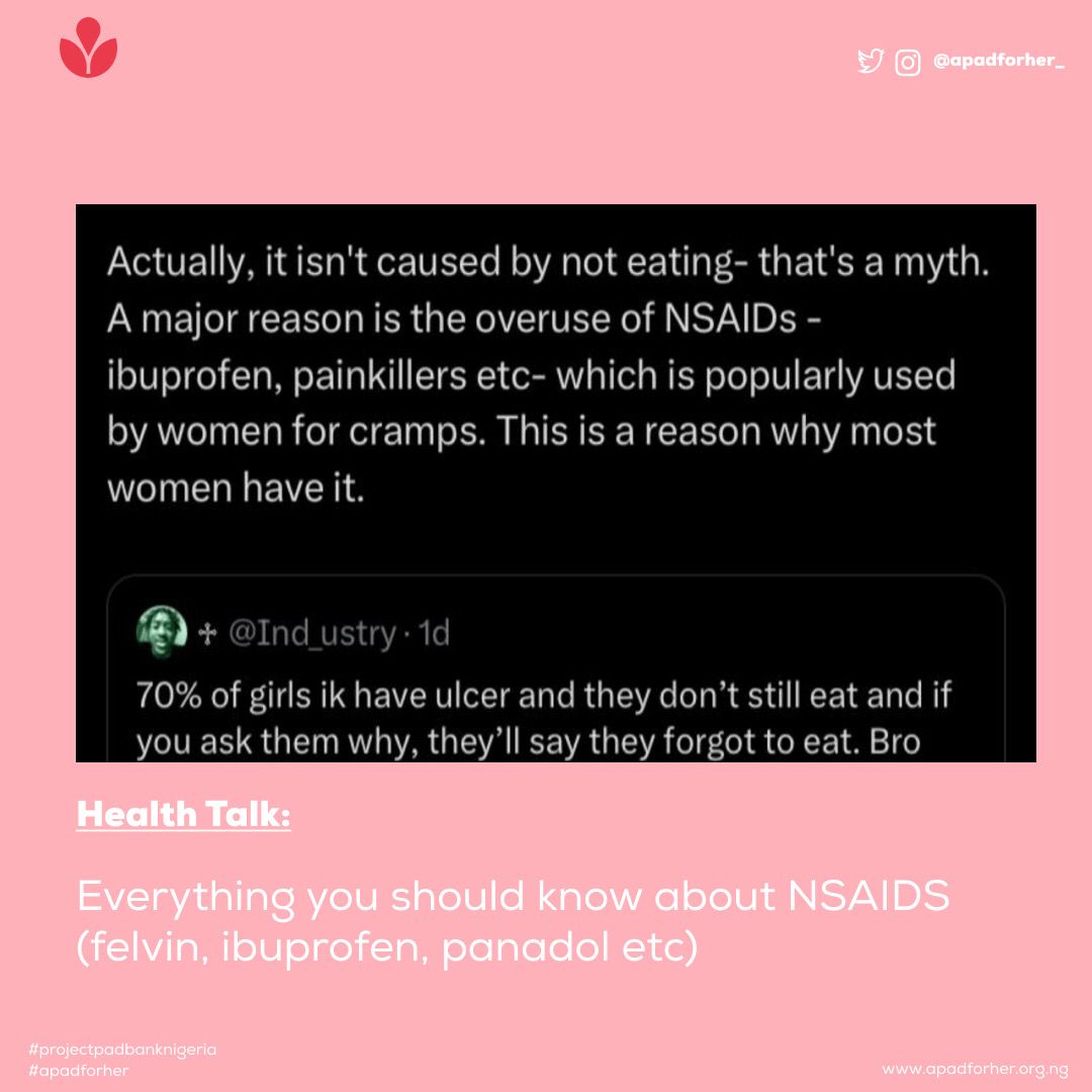 While NSAIDs can be effective at relieving pain and inflammation, they can also have some side effects. Some of the most common side effects include….

apadforher.org.ng/2023/03/21/eve…
#APFH 
#periodhealth