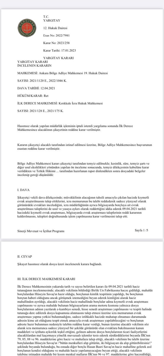 av_cesimparlak's tweet photo. İcra memuruna İİK m. 80 uyarınca tanınan yetkinin, haciz mahalinde 3. kişinin muvafakati olmadan evrak araştırma/bilgisayar incelemesi yapılmasını kapsamayacağına ilişkin şimdiye kadarki uygulamadan farklı, güncel 
Yargıtay 12. HD 22/7981E.23/258 S'lı Kararı 👇🏻 https://t.co/LbmCFfOSb0