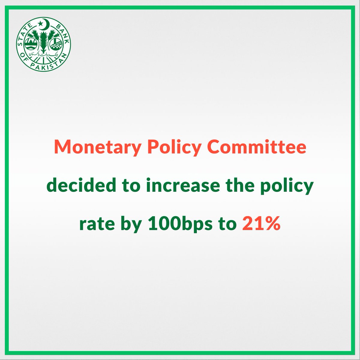 1/4 Monetary Policy Committee decided to increase policy rate by 100bps to  21% in its meeting today. https://t.co/JeUhdtDFrq