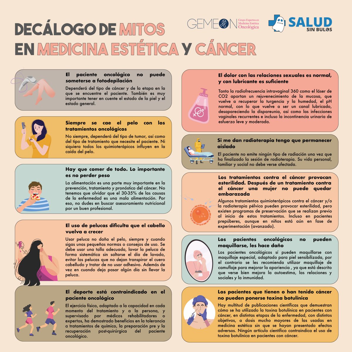 La disminución de la autoestima y la distorsión de la imagen corporal son comunes en mujeres con #cáncer. 
Este decálogo de <a href="/SaludsinBulos/">#SaludsinBulos</a> y GEMEON desmonta algunos de los principales mitos sobre #MedicinaEstética y cáncer.