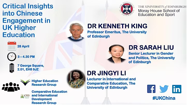 research_higher's tweet photo. 📌28 April... In-person panel on 'Chinese engagement in UK #higher_education' organised by HERG and
@MorayHouseCEID Our distinguished speakers: Dr Kenneth King and @DrSarahLiu from @uoessps and Dr @JliRobertson from @MorayHouse Book your place now! Link➡️https://t.co/7vLwfrxkDu https://t.co/uCe1dWnugQ