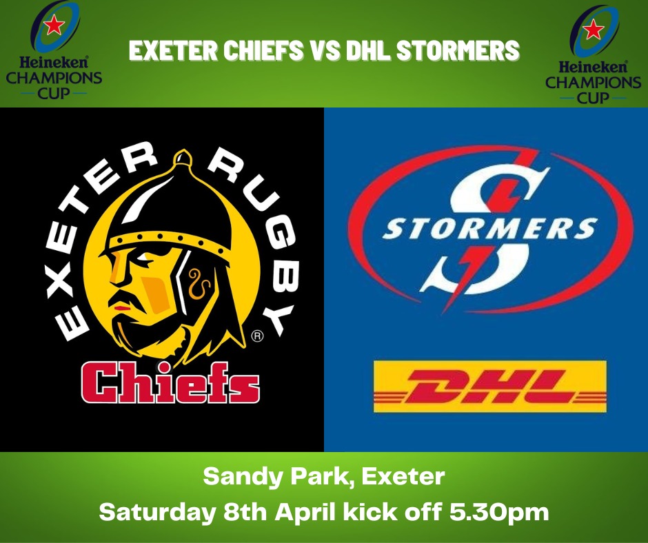 8 April 2023, Sandy Park, Exeter
Exeter Chiefs vs DHL Stormers.

The DHL Stormers continue their European adventure with the quarterfinal against the Exeter Chiefs. We'll once again be there in force to back the URC champs. Pre/Post match meet ups.
 braaiarmy.com/exeter