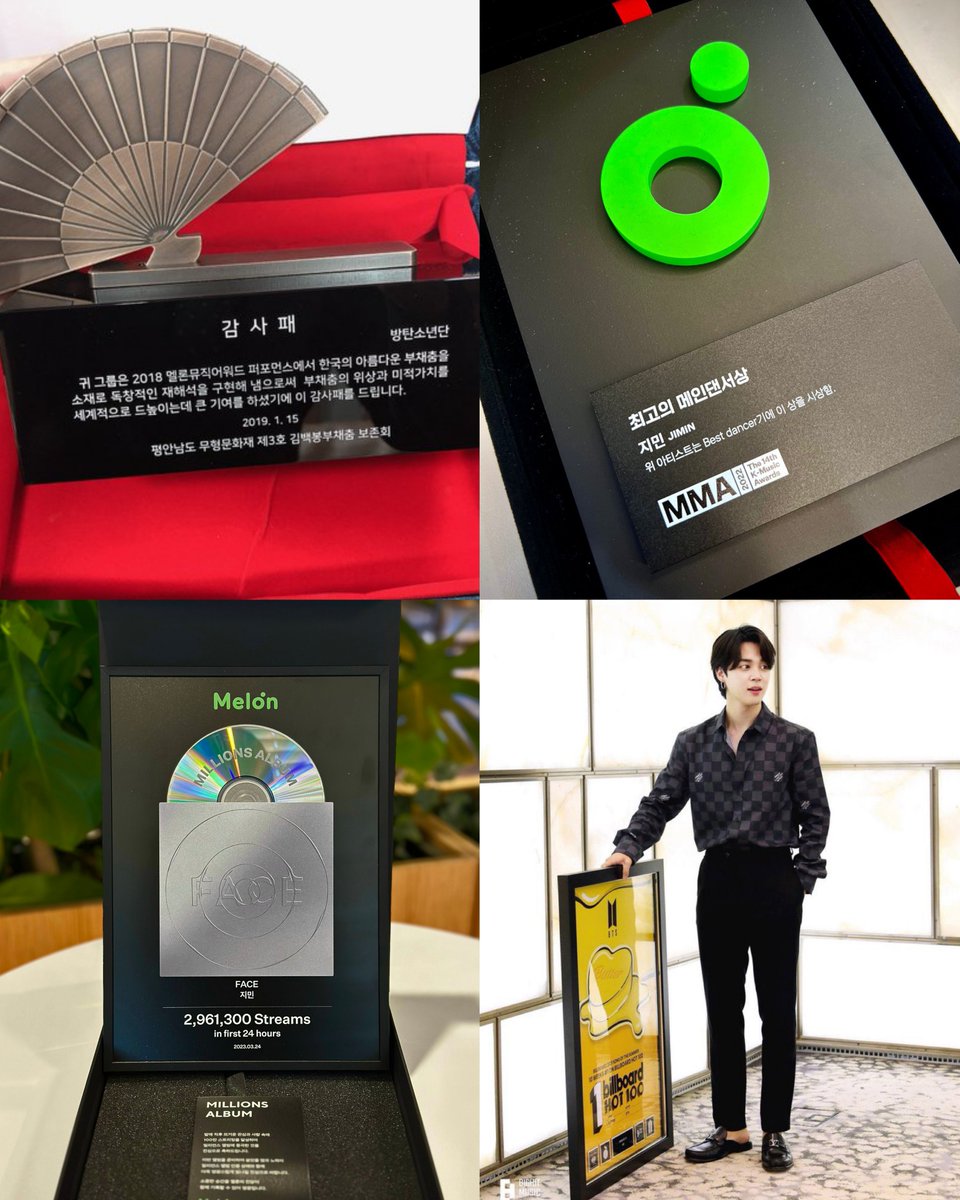 • Plaque of appreciation from Kim Baek Bong Korean Fan Dance Conservation Society
• MMA Plaque Award for the Best Main Dancer Award
• The Melon Hall of Fame “Millions Album” Plaque
• Billboard Hot 100 #1 Plaque 🔜

PARK JIMIN, A NATIONAL TREASURE.