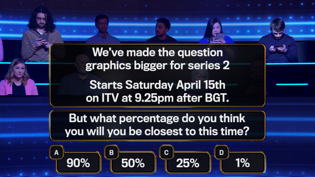 1PercentClubITV's tweet photo. Thanks everyone for the feedback about question size on series one. You were right! Back on April 15th at 9.25pm after @BGT on @ITV and @WeAreSTV for series 2 when hopefully it will be bigger and better! #the1percentclub #leemack #quizshow #gameshow #everyonecanplay https://t.co/ixyn80eDgx