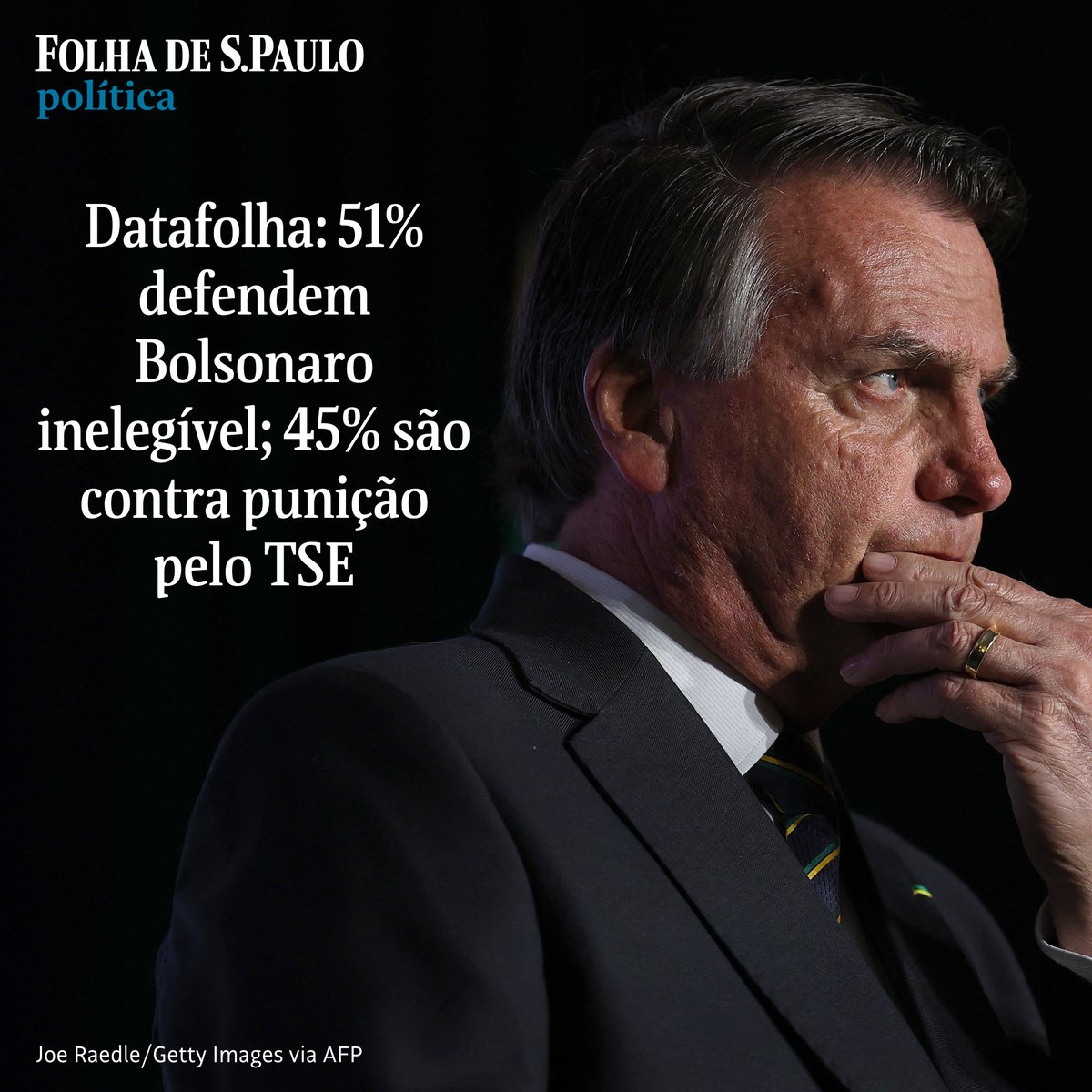 folha's tweet photo. Datafolha: 51% defendem Bolsonaro inelegível; 45% são contra punição pelo TSE. Ex-presidente fez campanha contra as urnas eletrônicas e é alvo de 16 ações na Justiça Eleitoral 📰📲 Leia: https://t.co/X9O3J6qcKe
📷 Joe Raedle/Getty Images via AFP
📝Igor Gielow https://t.co/4A8afIVplN