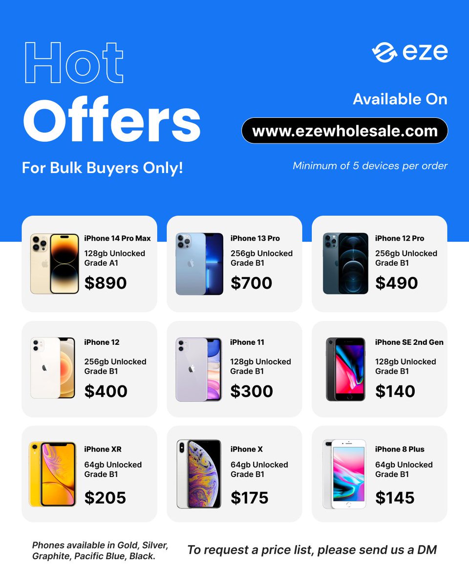 ezewholesale's tweet image. If you're a reseller or wholesaler, don't miss out on the perfect deal to save big on used iPhones in every colour, grade, and memory size.

Order now at ezewholesale.com or send a DM

Bulk Orders Only!

#Apple #iPhone #iPhoneSupplier #UsediPhones #GradeA