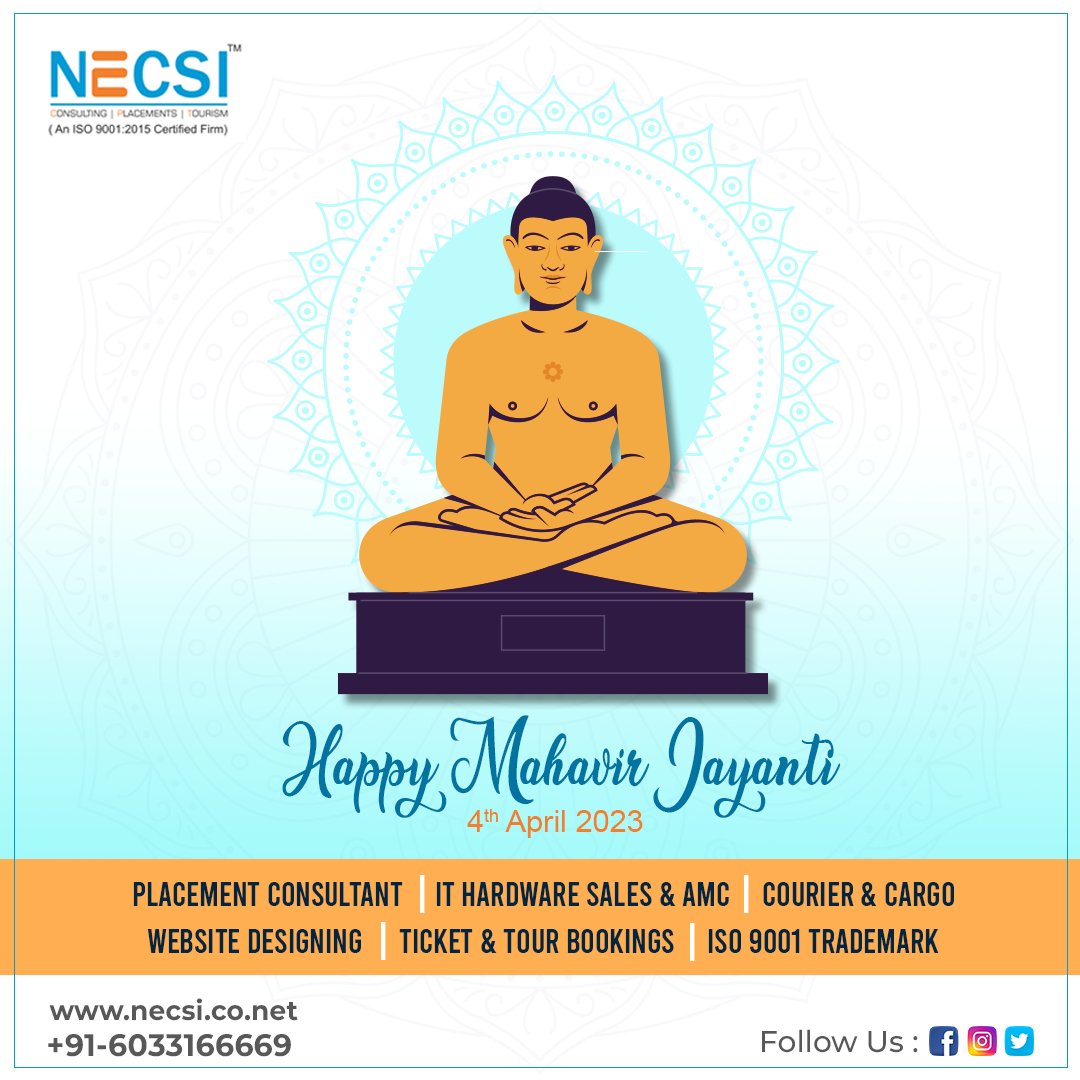 NecsiIndia's tweet photo. Happy Mahavir Jayanti  May you get lots of happiness, Good Health, and success on the auspicious occasion of Mahavir Jayanti 
#Happymahavirjayanti #mahavirjayantigift #necsi
#MahavirJanmaKalyanak #MahavirJayanti #mahavirjayanti #jainism #jain #mahavir #jaintemple #jaijinendra https://t.co/nizX3tyxyz